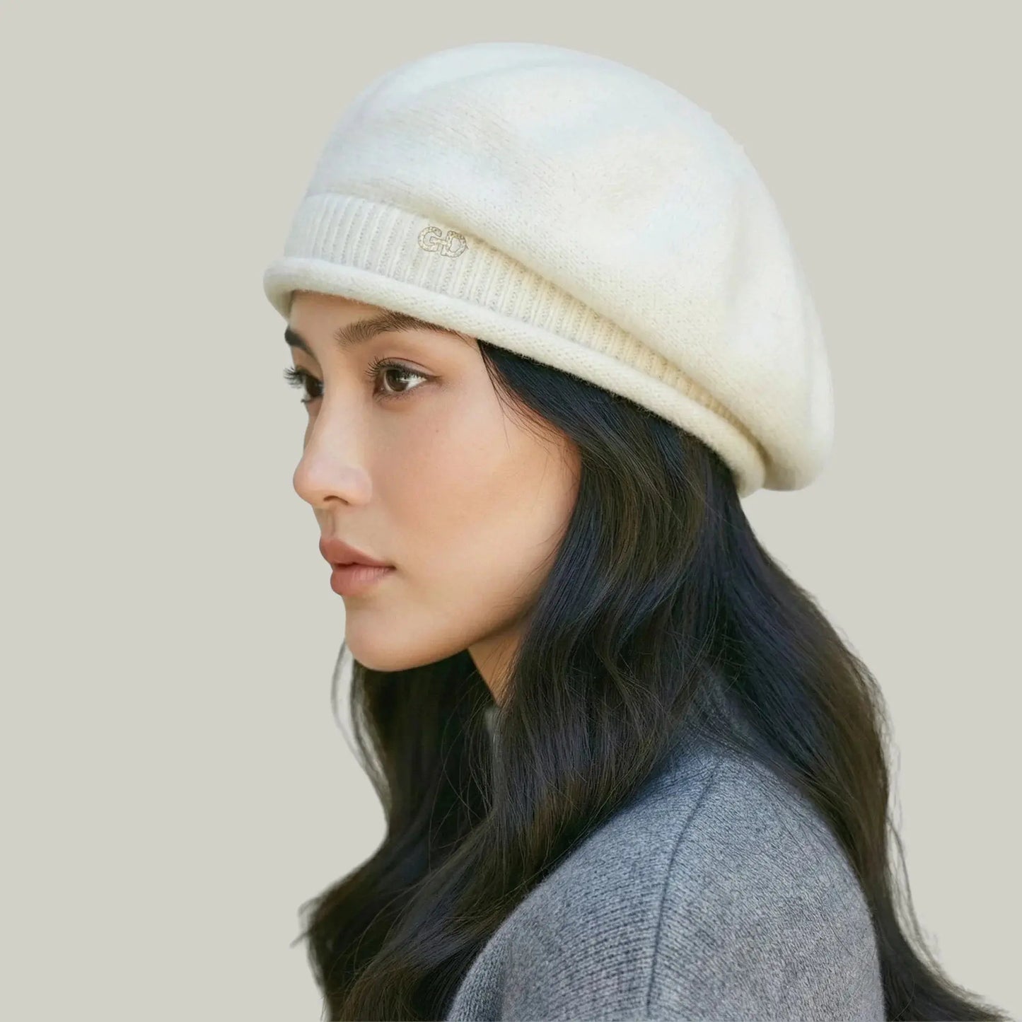 Béret Basque Femme Laine Blanc Crème Logo Doré Maison Shelby