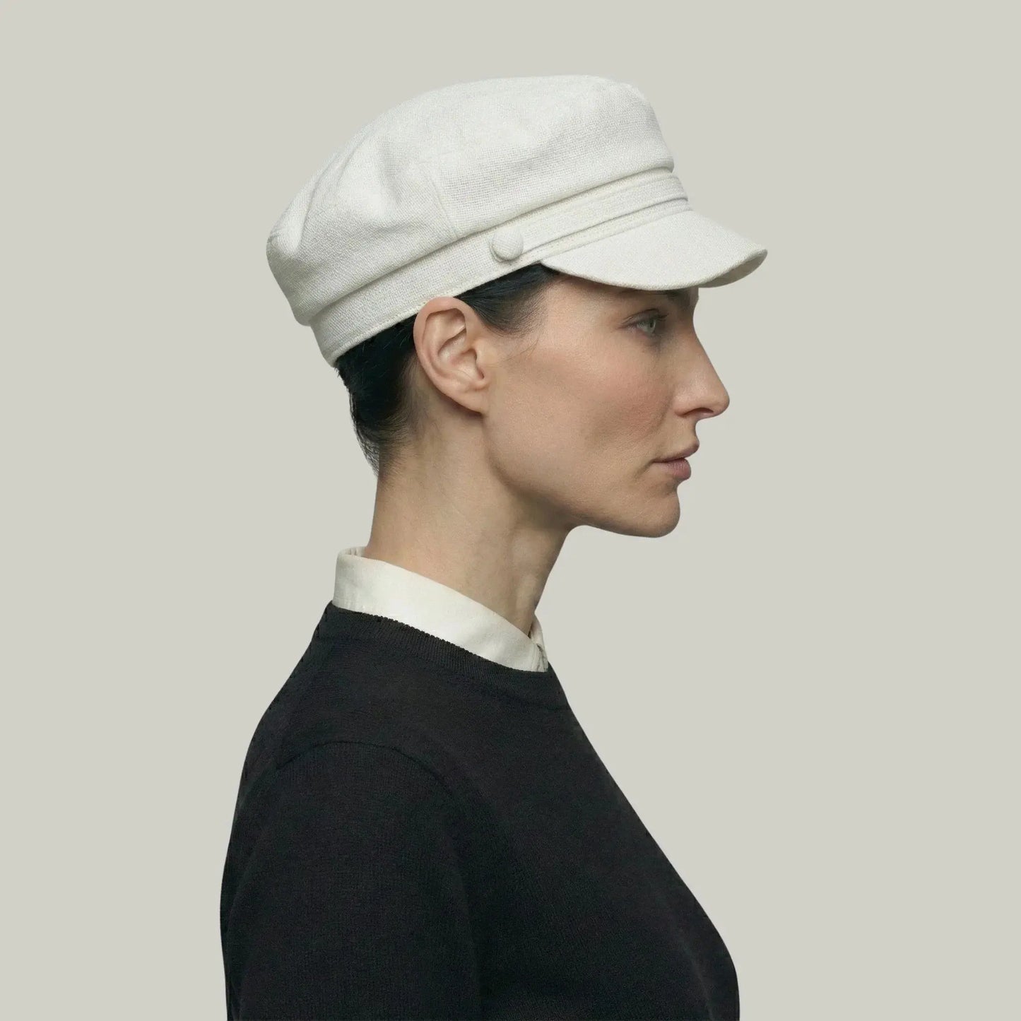 Béret Gavroche Femme Lin Écru Bouton Visière Plate Maison Shelby