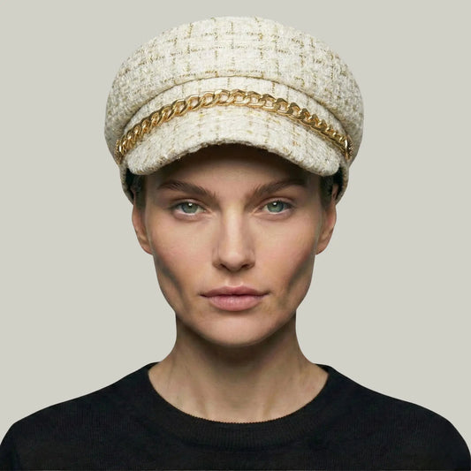 Béret Gavroche Femme Tweed Écru Doré Chaîne Maison Shelby