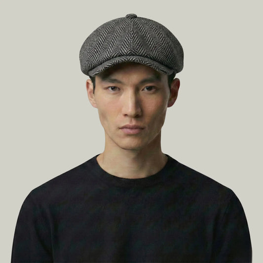Béret Homme Gris Tweed Chevron – Laine Structurée 8 Panneaux Maison Shelby