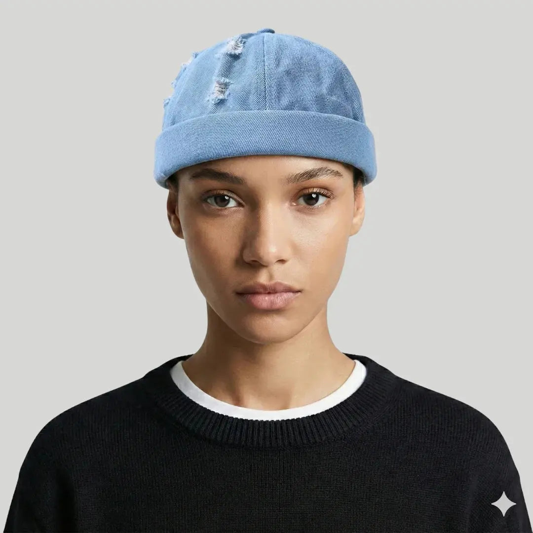 Bonnet Docker Denim Bleu Homme Femme – Finitions Effilochées Maison Shelby