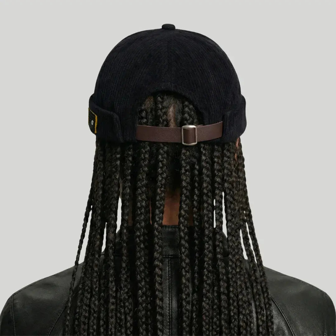 Bonnet Docker Mixte Noir Velours Côtelé Sangle Cuir Maison Shelby