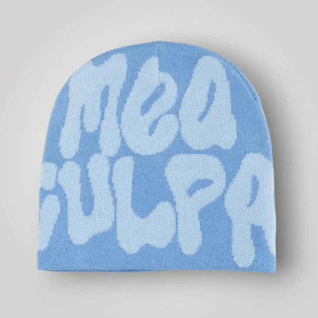 Bonnet Jacquard Mixte Bleu Ciel Inscription Mea Culpa Blanc Maison Shelby