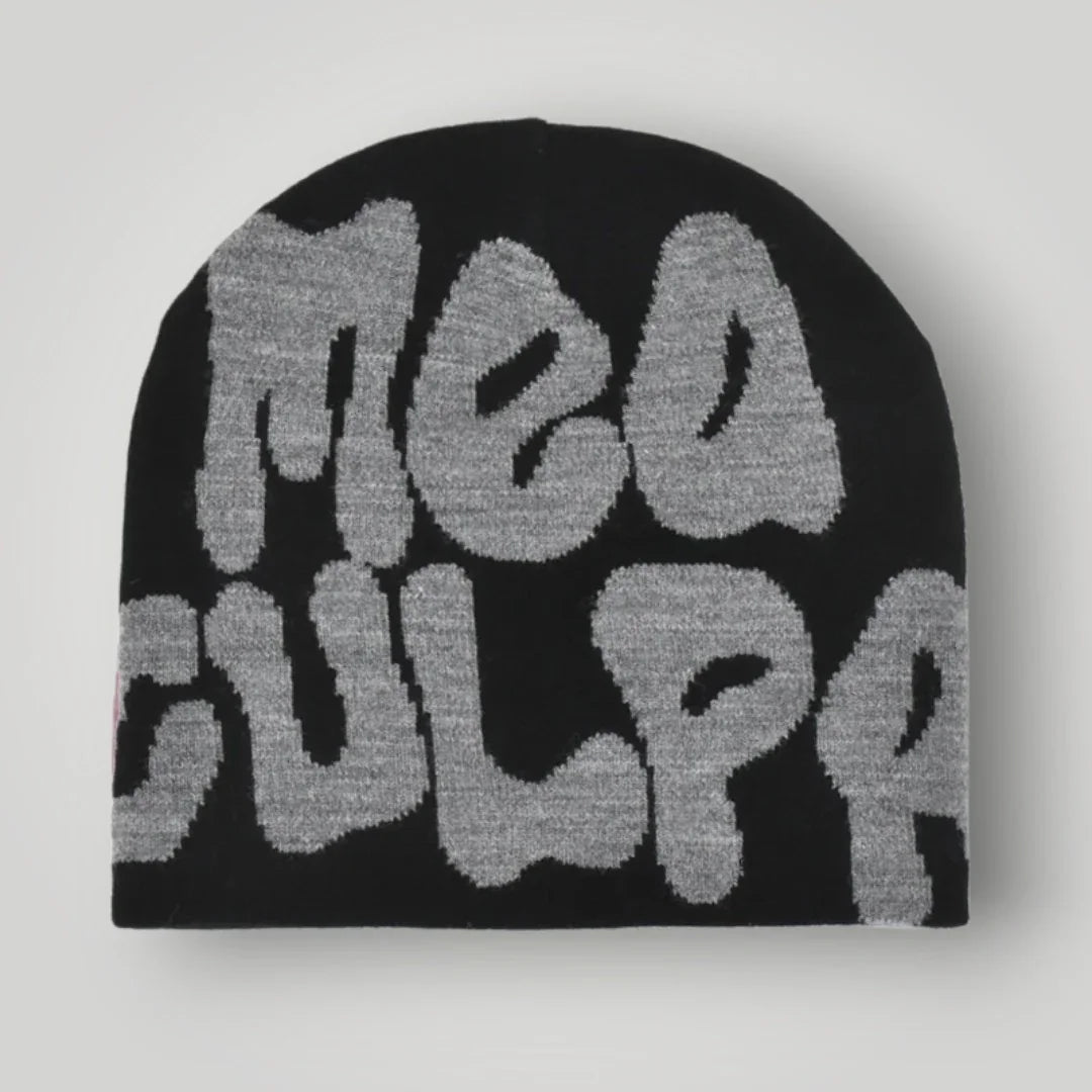 Bonnet Jacquard Mixte Noir Inscription Mea Culpa Gris