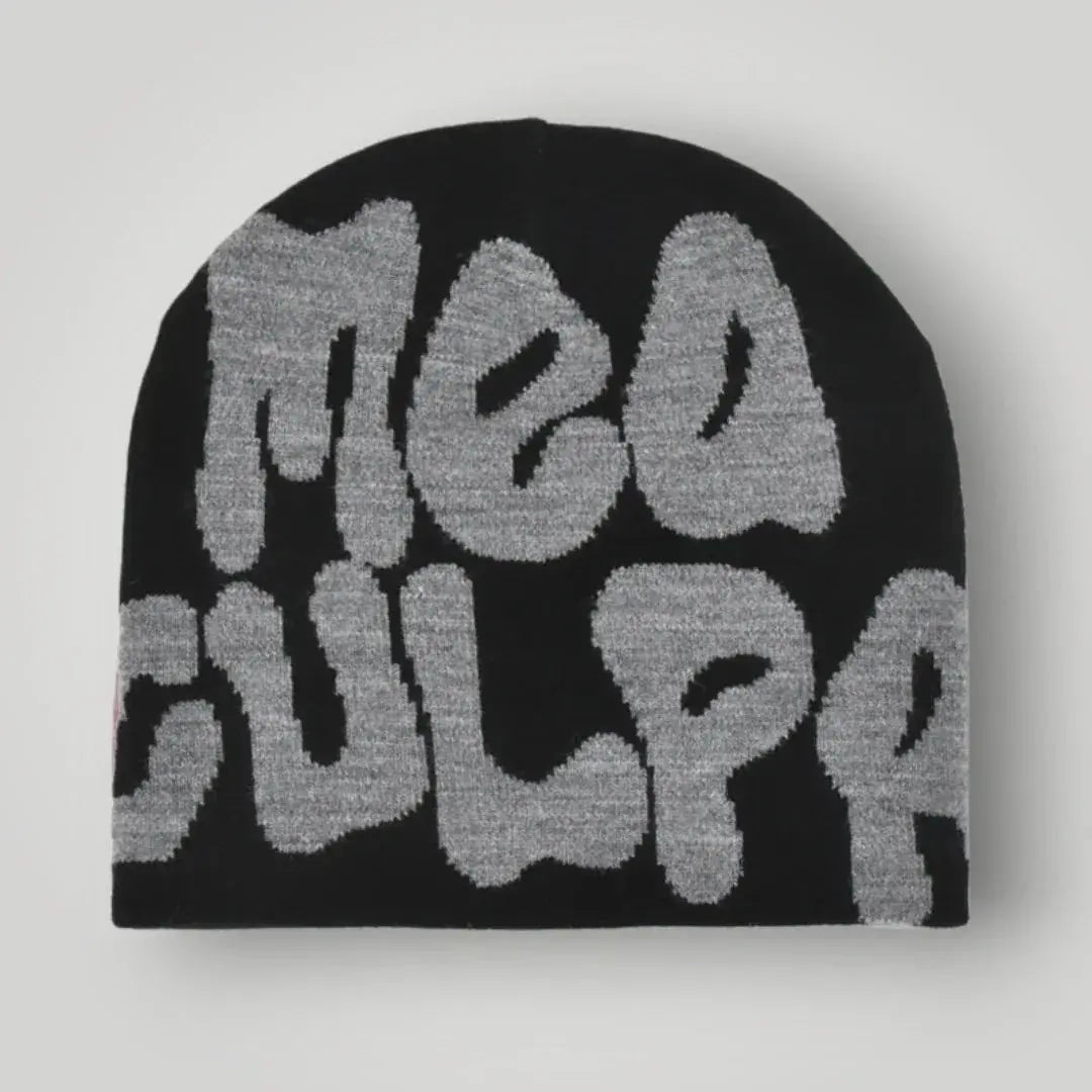 Bonnet Jacquard Mixte Noir Inscription Mea Culpa Gris Maison Shelby