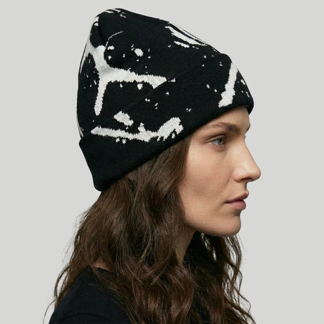 Bonnet Streetwear Mixte Noir Motif Éclaboussures Blanc