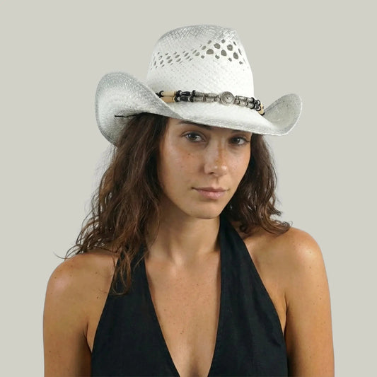 Chapeau Cowboy Blanc Femme Paille Ajourée Bandeau Perles Maison Shelby