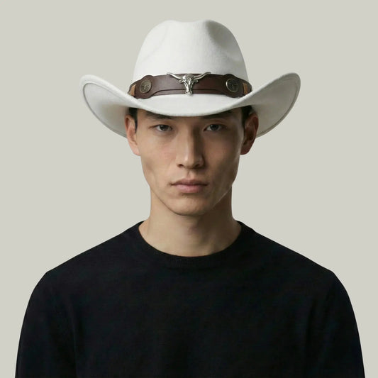 Chapeau Cowboy Blanc Mixte Feutre Bandeau Taureau Cuir Maison Shelby