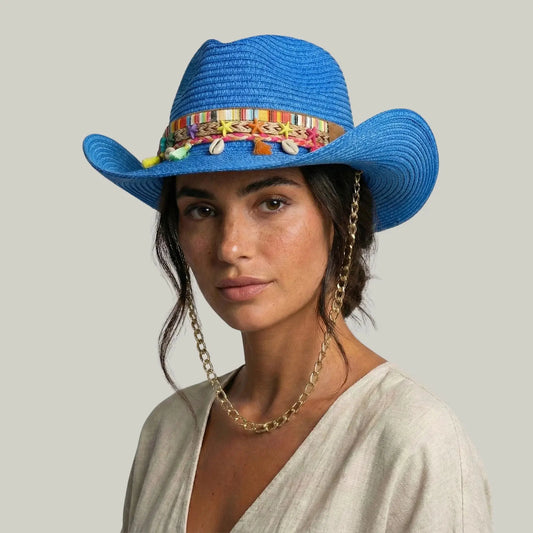 Chapeau Cowboy Femme Bleu Électrique Paille Bandeau Pompons Chaîne Maison Shelby