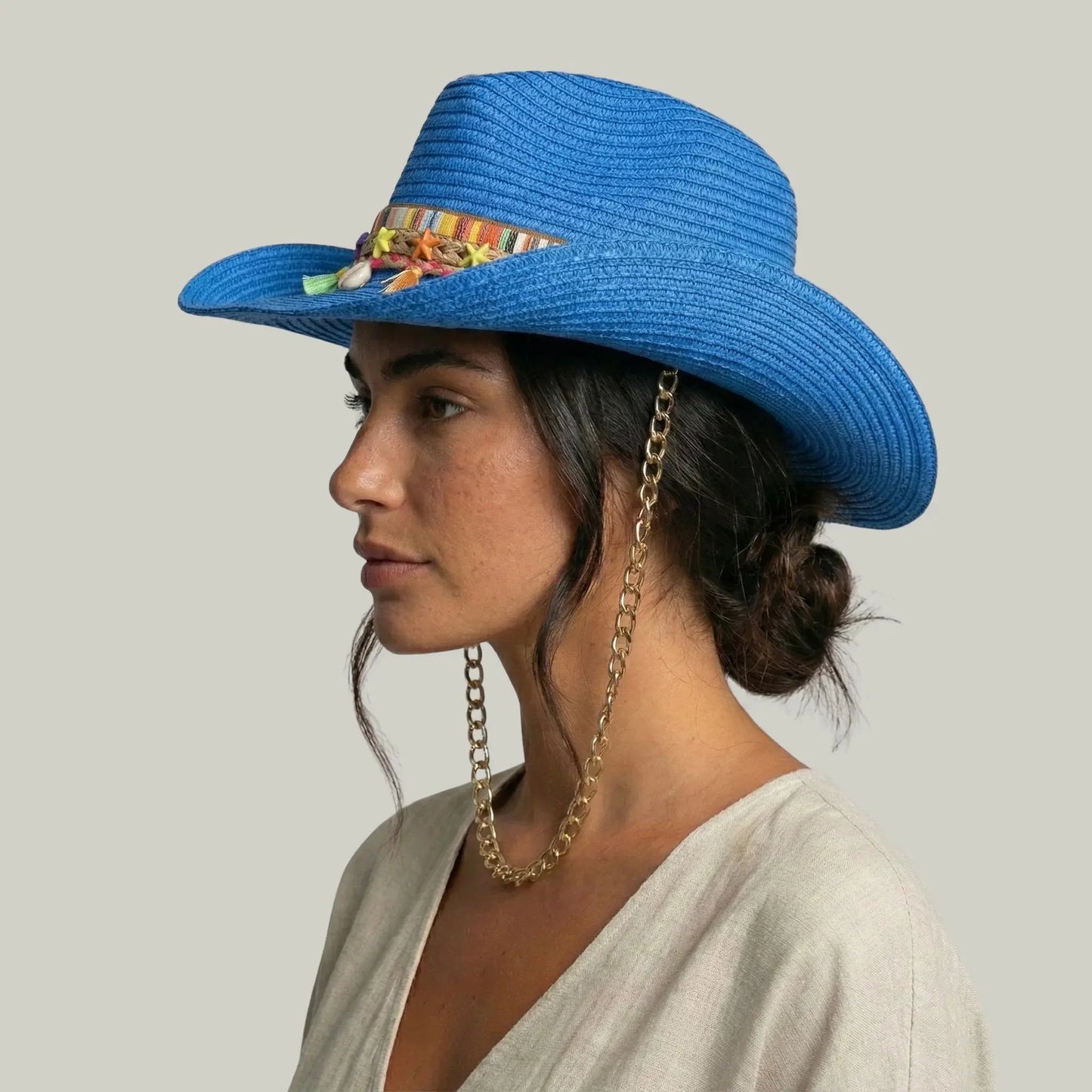 Chapeau Cowboy Femme Bleu Électrique Paille Bandeau Pompons Chaîne Maison Shelby