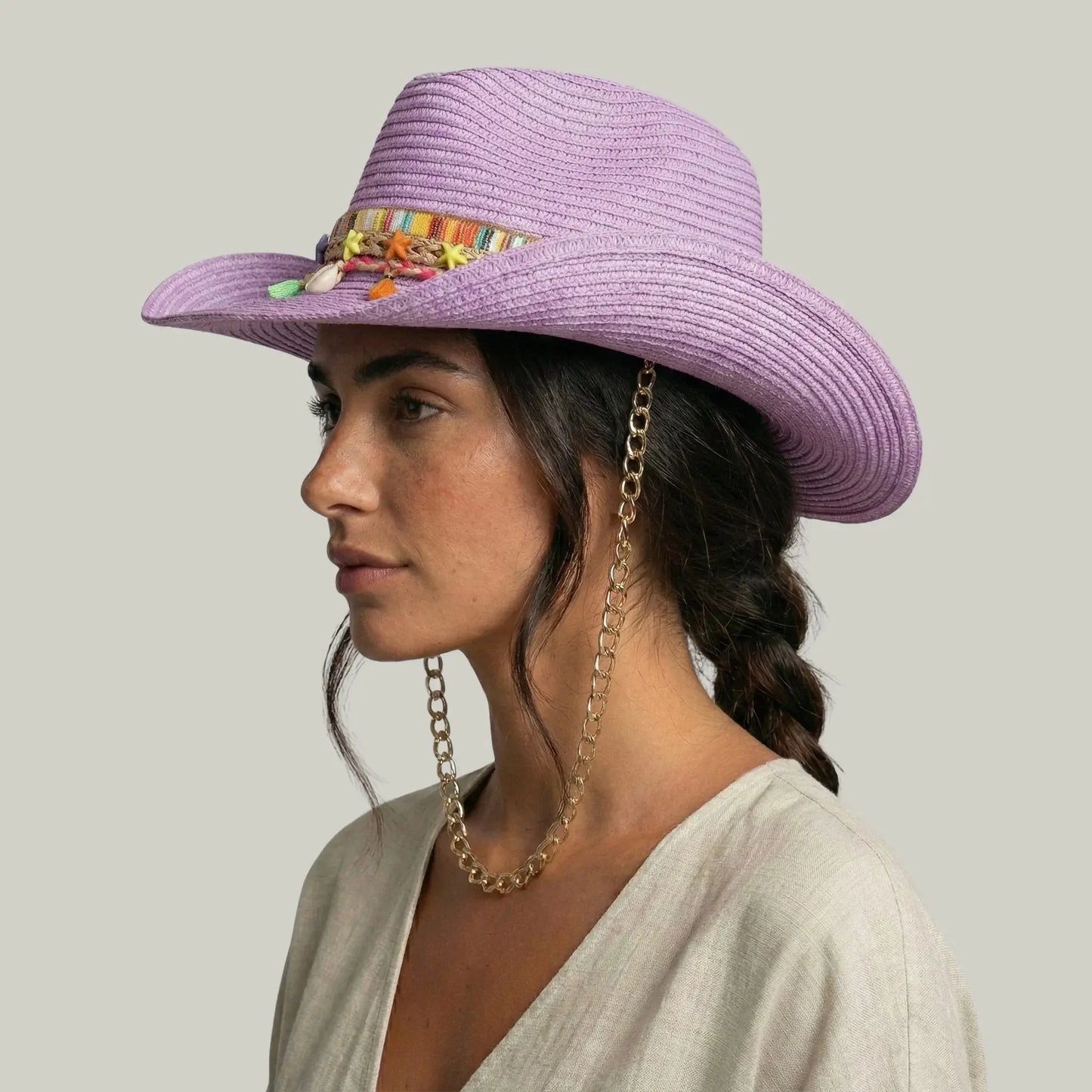 Chapeau Cowboy Femme Lilas Paille Bandeau Pompons Chaîne Maison Shelby
