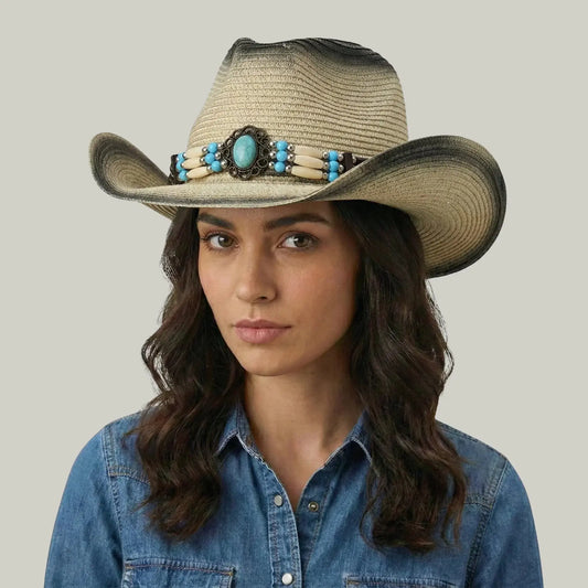 Chapeau Cowboy Femme Paille Ombrée Bandeau Perles Turquoise Maison Shelby