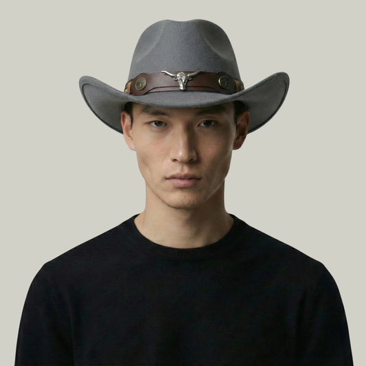 Chapeau Cowboy Gris Mixte Feutre Bandeau Taureau Cuir Maison Shelby