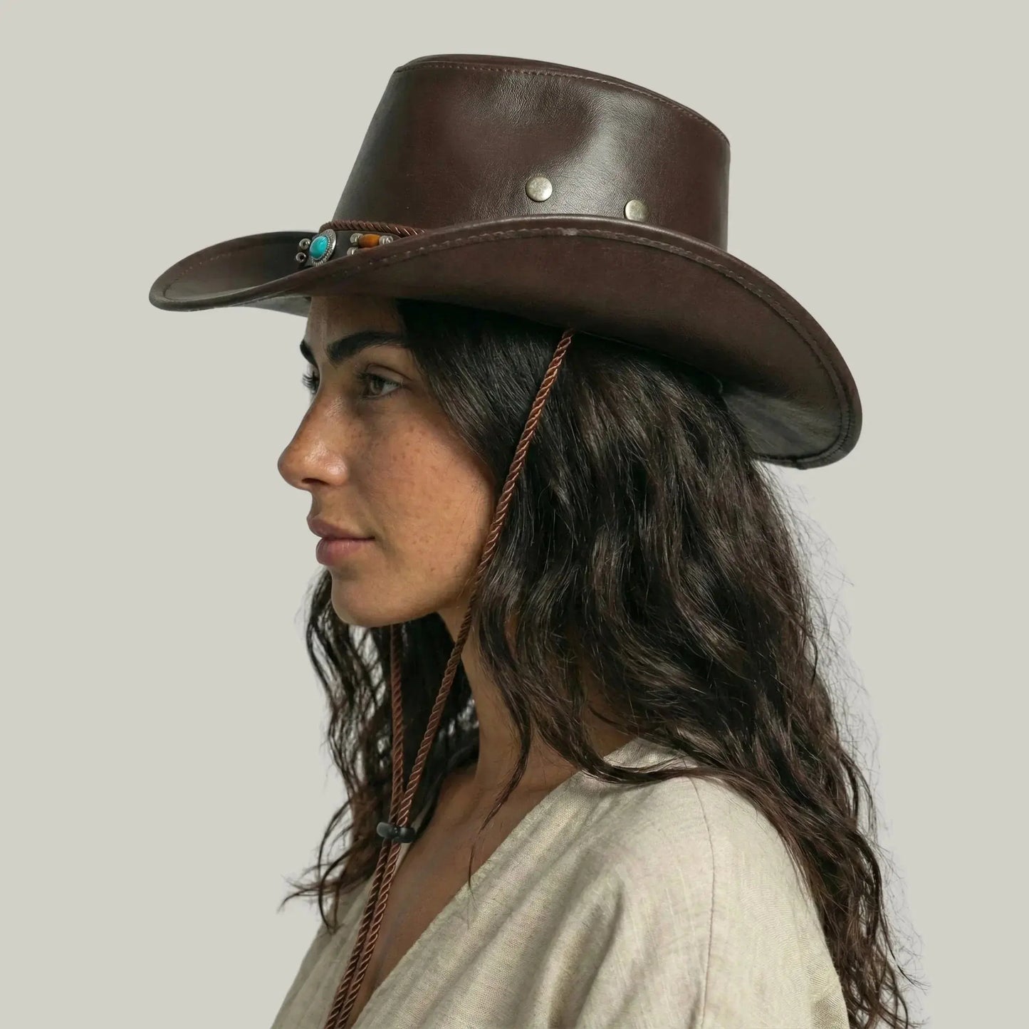 Chapeau Cowboy Marron Mixte Cuir Perles Turquoise Maison Shelby