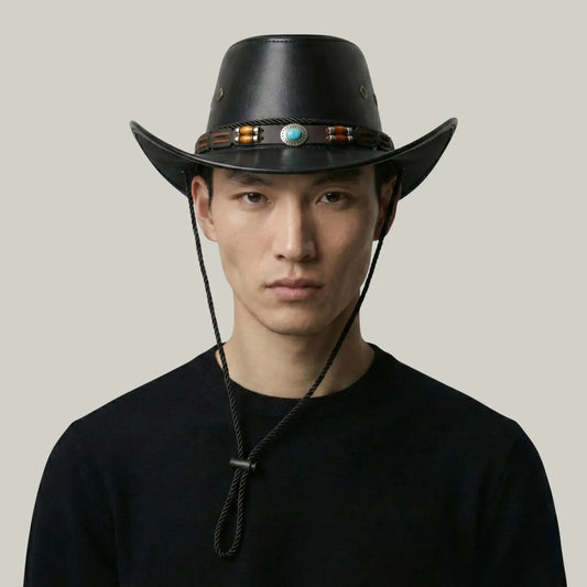 Chapeau Cowboy Noir Mixte Cuir Perles Turquoise Maison Shelby