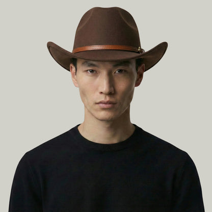 Chapeau Cowboy Noisette Homme Feutre Bandeau Cuir Cognac
