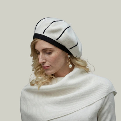 Béret Basque Femme Laine Écru Coutures Noires Apparentes Maison Shelby