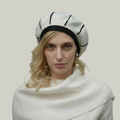 Béret Basque Femme Laine Écru Coutures Noires Apparentes Maison Shelby
