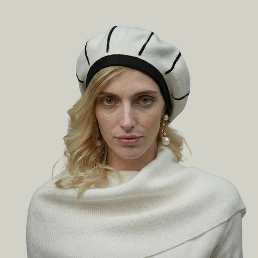 Béret Basque Femme Laine Écru Coutures Noires Apparentes Maison Shelby