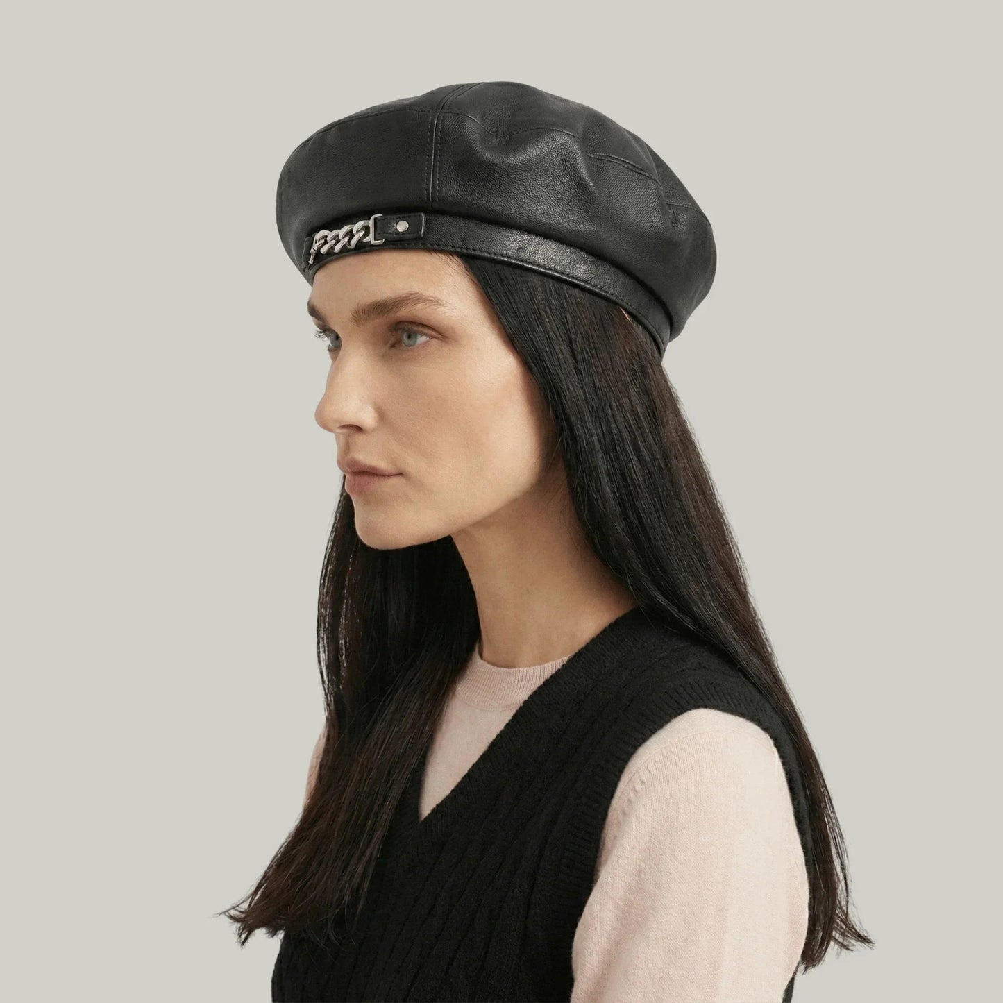 Béret Basque Femme Noir Simili-Cuir