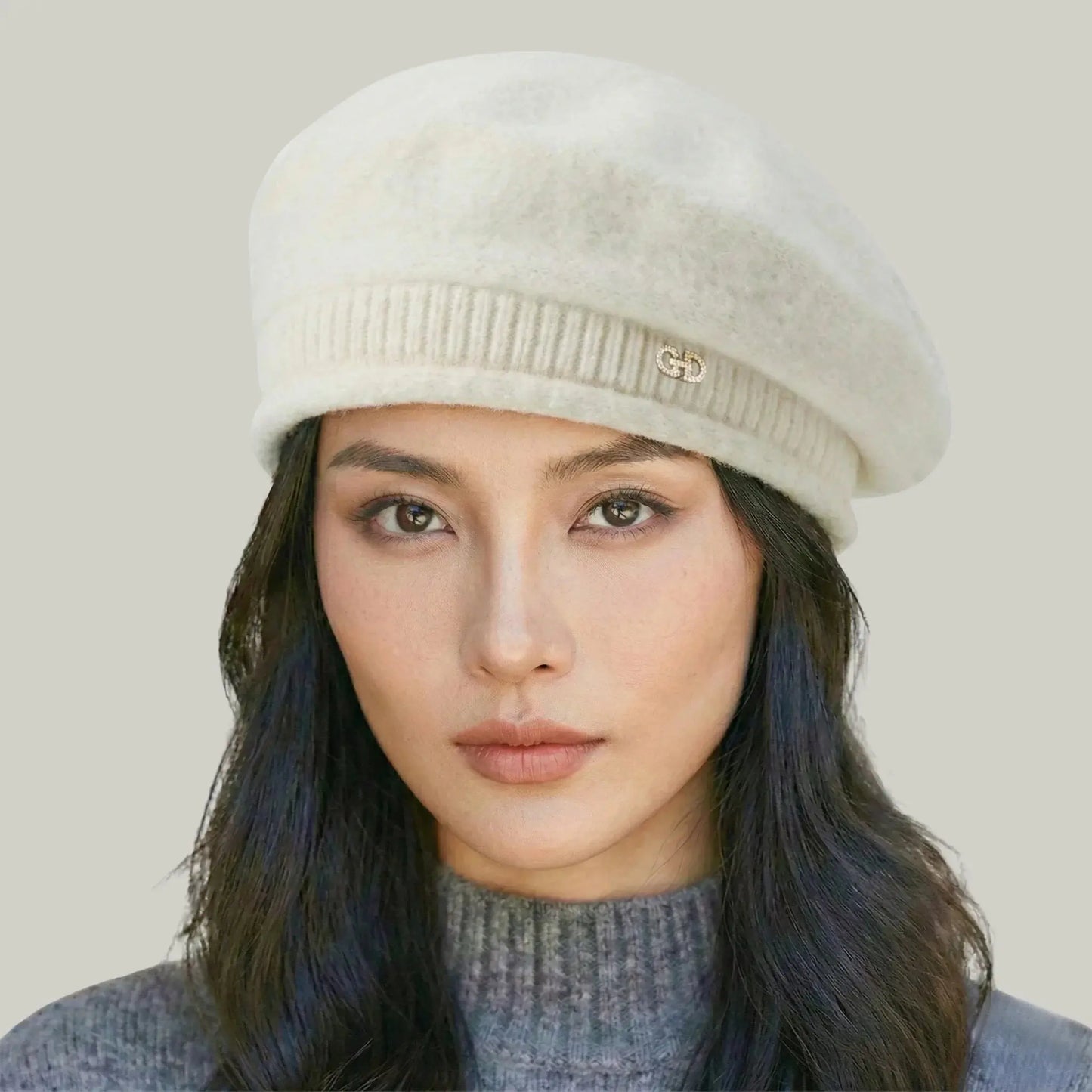 Béret Basque Femme Laine Blanc Crème Logo Doré Maison Shelby