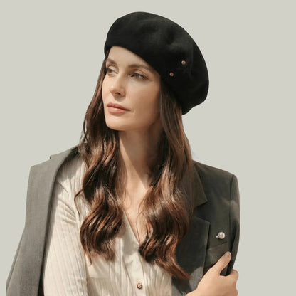 Béret Basque Femme Laine Noir Rivets Dorés Maison Shelby