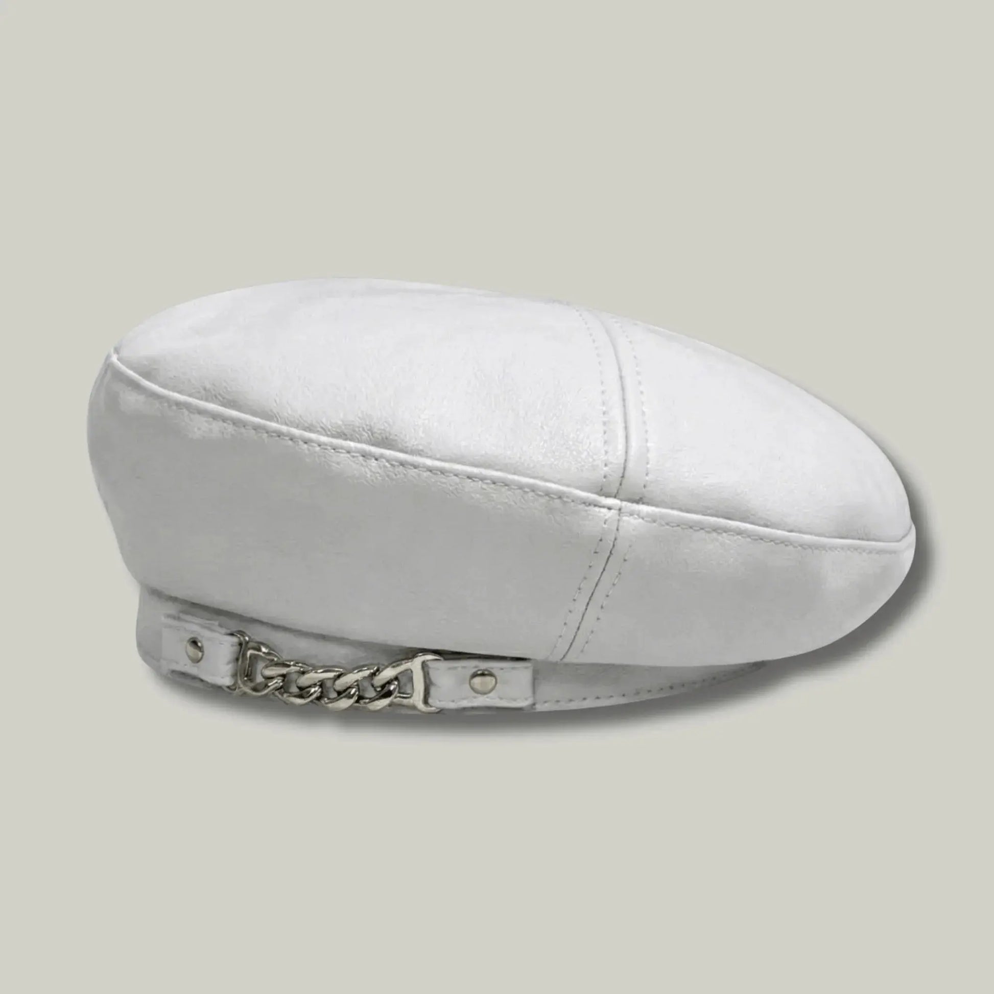 Béret Basque Femme Simili Cuir Blanc Chaîne Argentée Maison Shelby