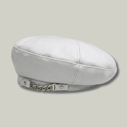 Béret Basque Femme Simili Cuir Blanc Chaîne Argentée Maison Shelby