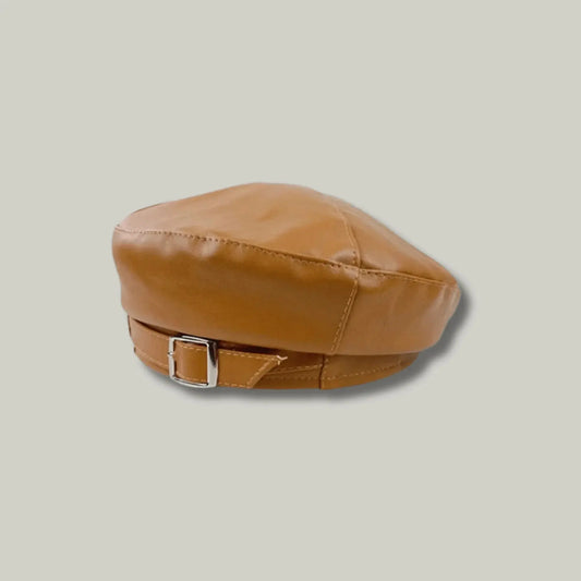 Béret Basque Femme Simili Cuir Camel Boucle Argentée Maison Shelby