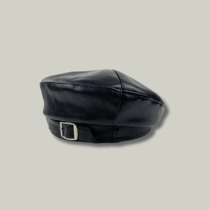 Béret Basque Femme Simili Cuir Noir Boucle Argentée Maison Shelby