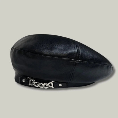 Béret Basque Femme Simili Cuir Noir Chaîne Argentée Maison Shelby