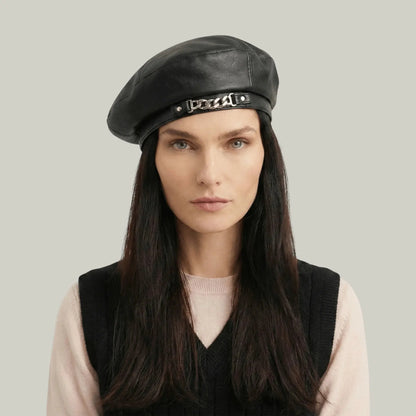 Béret Basque Femme Simili Cuir Noir Chaîne Argentée Maison Shelby