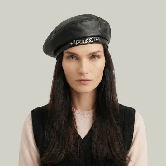 Béret Basque Femme Simili Cuir Noir Chaîne Argentée Maison Shelby