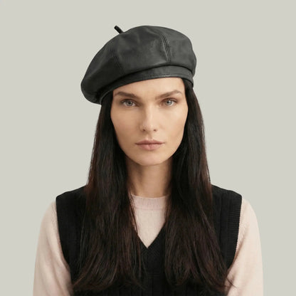 Béret Basque Femme Simili Cuir Noir Mat Structuré Maison Shelby