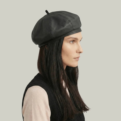 Béret Basque Femme Simili Cuir Noir Mat Structuré Maison Shelby