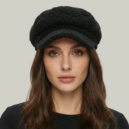 Béret Gavroche Femme Sherpa Noir Moelleux Maison Shelby