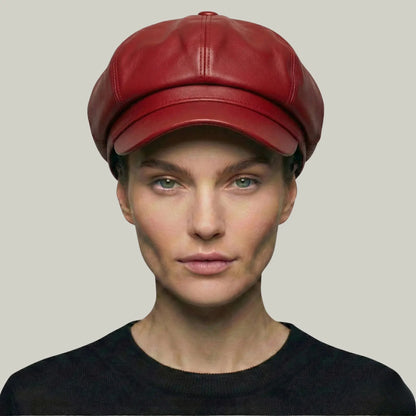 Béret Gavroche Femme Simili Cuir Rouge Vif Maison Shelby