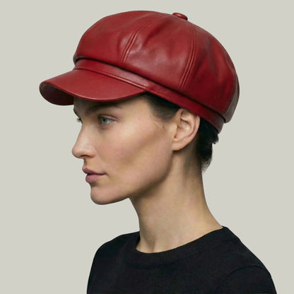 Béret Gavroche Femme Simili Cuir Rouge Vif Maison Shelby