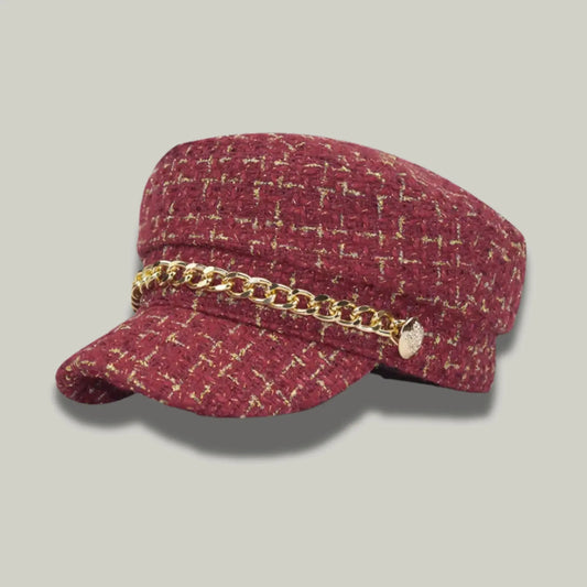 Béret Gavroche Femme Tweed Bordeaux Chaîne Dorée Maison Shelby
