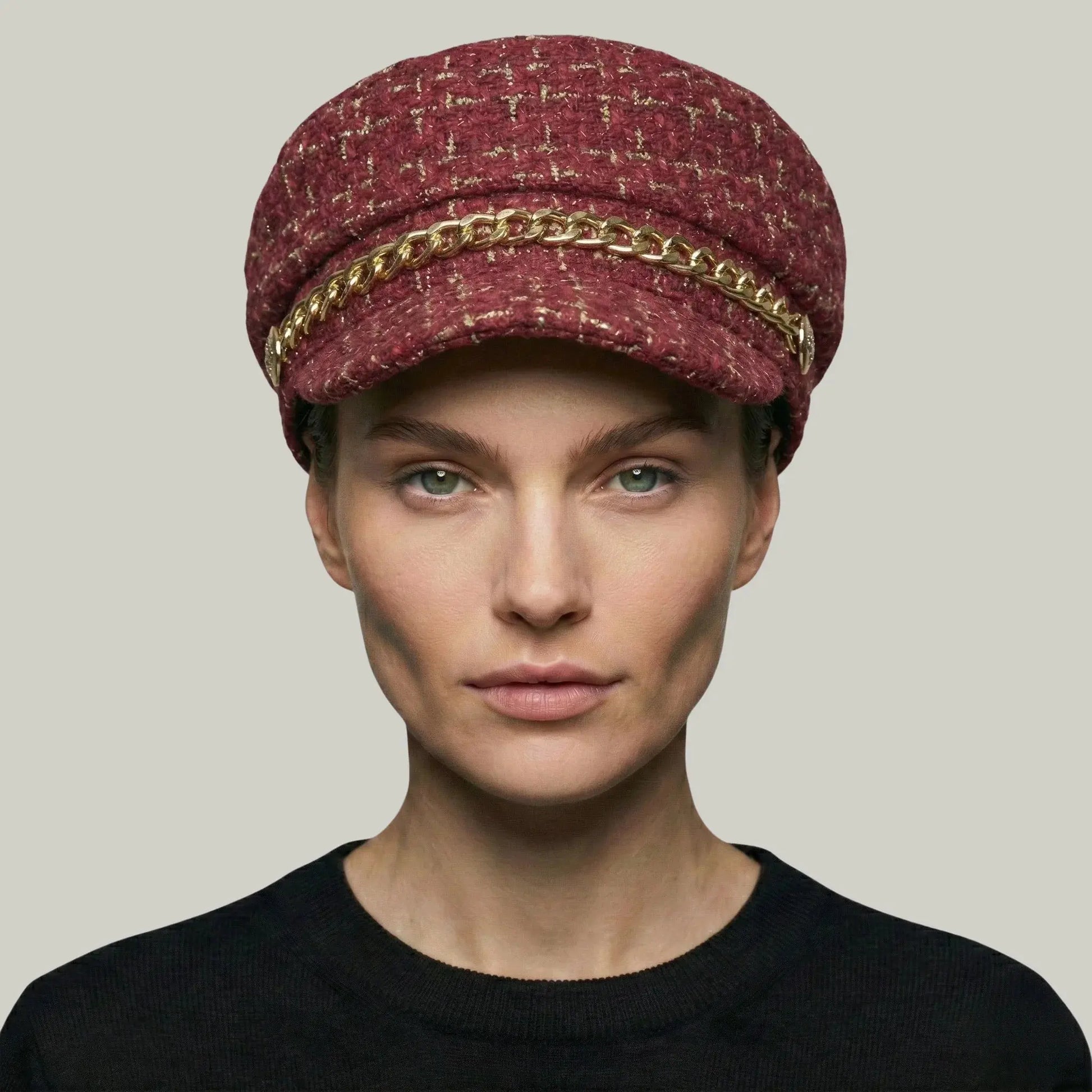 Béret Gavroche Femme Tweed Bordeaux Chaîne Dorée Maison Shelby