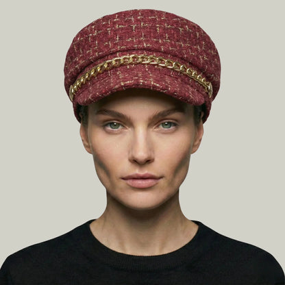 Béret Gavroche Femme Tweed Bordeaux Chaîne Dorée Maison Shelby