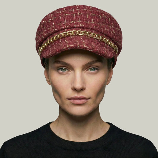 Béret Gavroche Femme Tweed Bordeaux Chaîne Dorée Maison Shelby