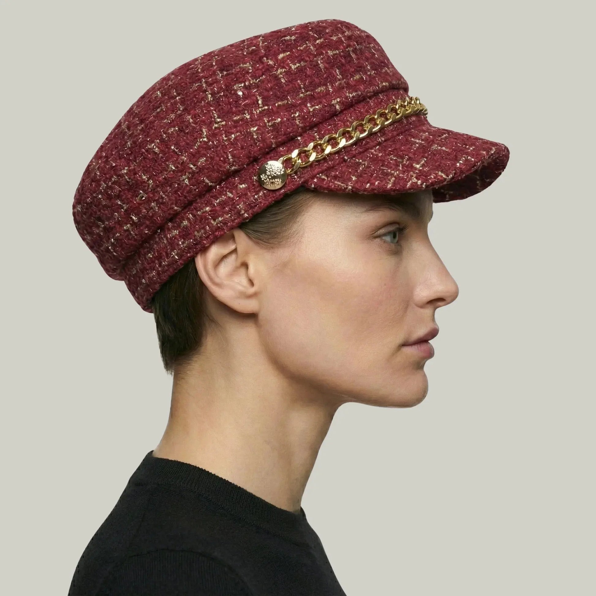 Béret Gavroche Femme Tweed Bordeaux Chaîne Dorée Maison Shelby