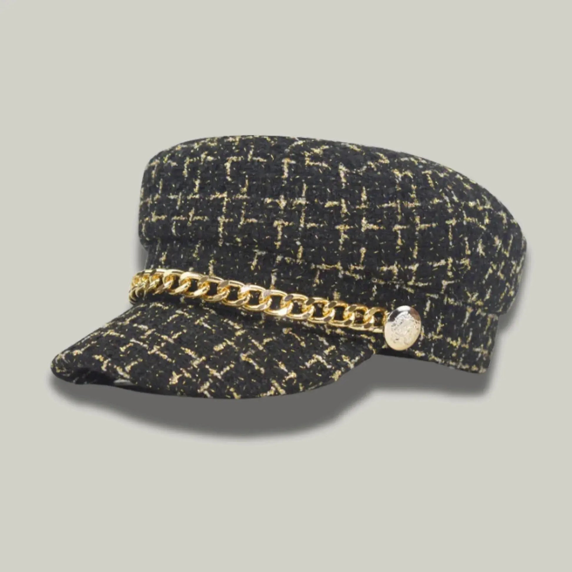 Béret Gavroche Femme Tweed Noir Doré Chaîne Maison Shelby