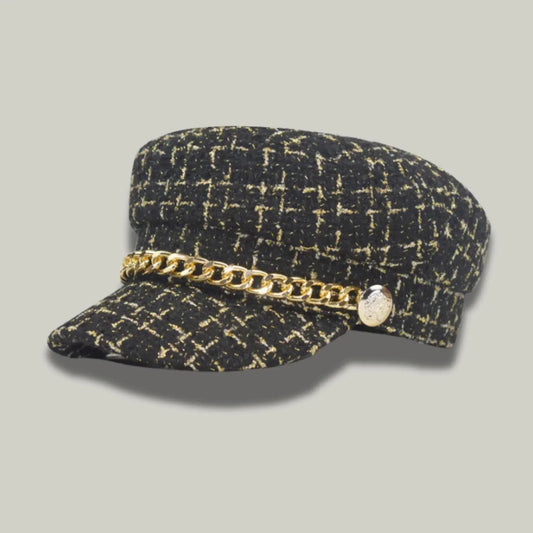 Béret Gavroche Femme Tweed Noir Doré Chaîne Maison Shelby