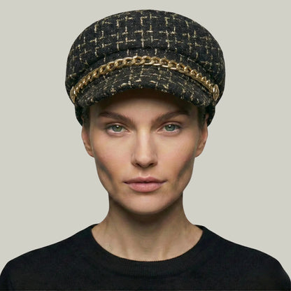 Béret Gavroche Femme Tweed Noir Doré Chaîne Maison Shelby