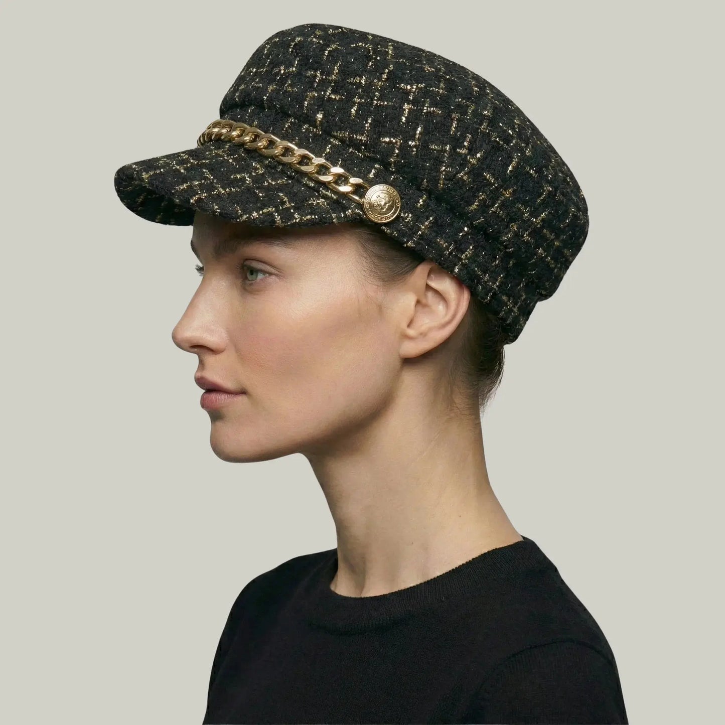 Béret Gavroche Femme Tweed Noir Doré Chaîne Maison Shelby