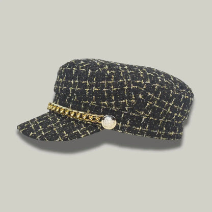 Béret Gavroche Femme Tweed Noir Doré Chaîne Maison Shelby