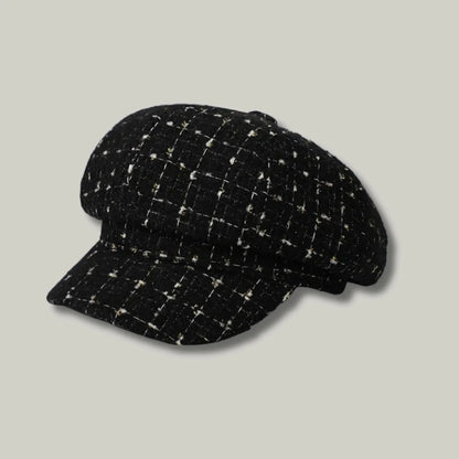 Béret Gavroche Femme Tweed Noir Fil Blanc Maison Shelby