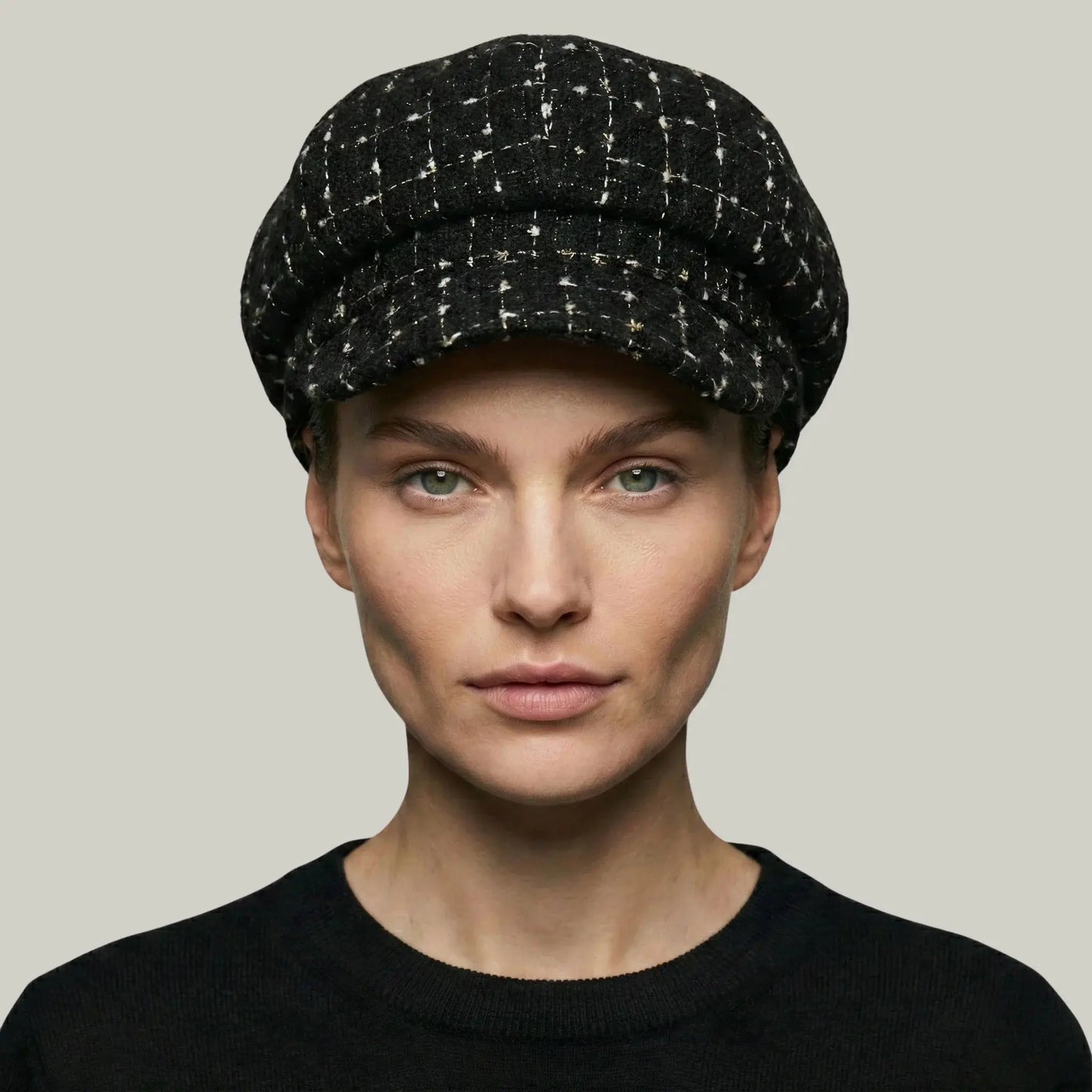 Béret Gavroche Femme Tweed Noir Fil Blanc Maison Shelby